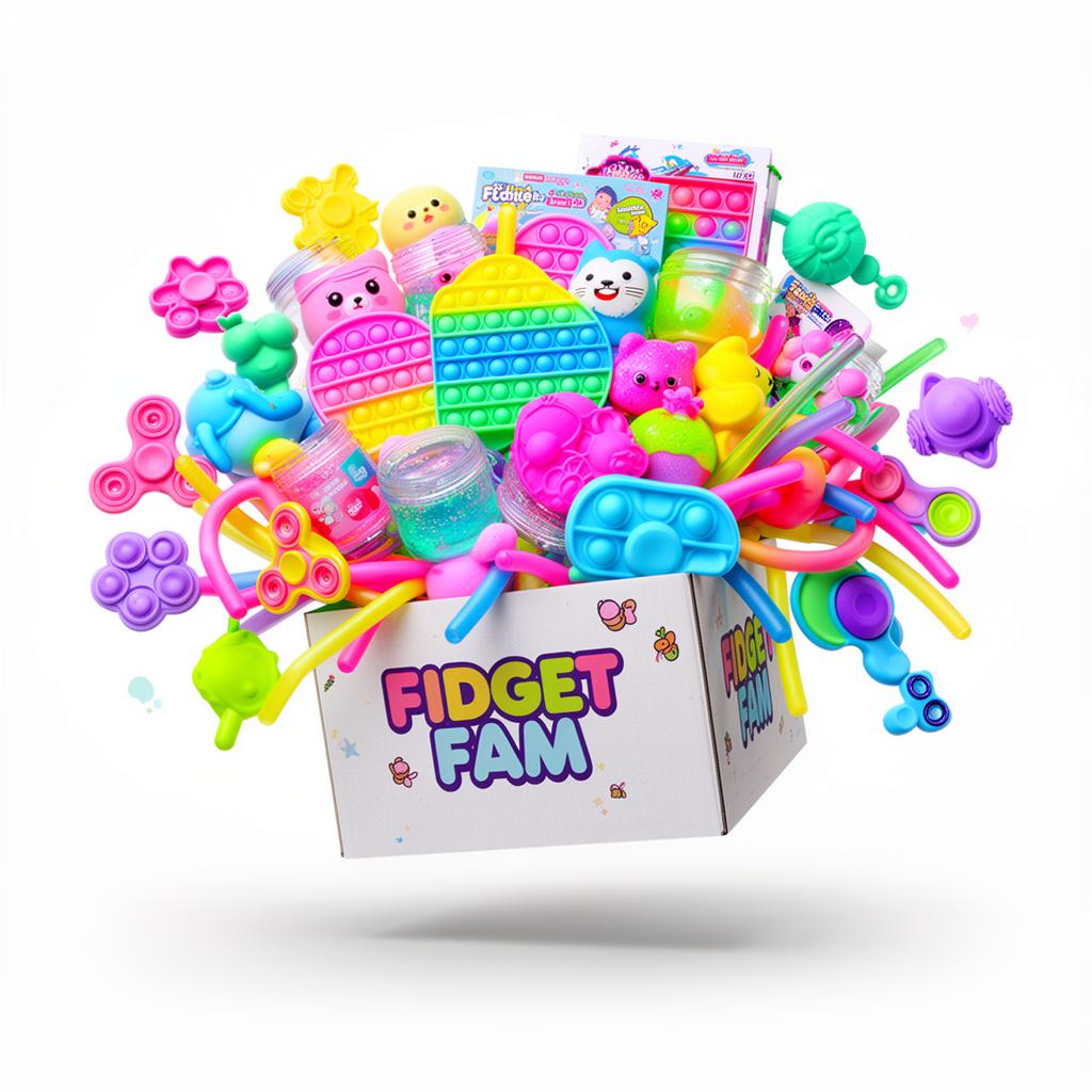 Fidget Fam subscription box overflowing with squishies, fidget toys, and slime